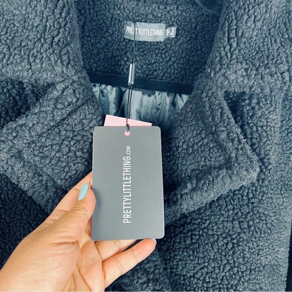 🩷 Prettylittlething, Women’s Black Borg Lapel Drop Arm Midi Coat. Size:4(US).NWT - Picture 5 of 12